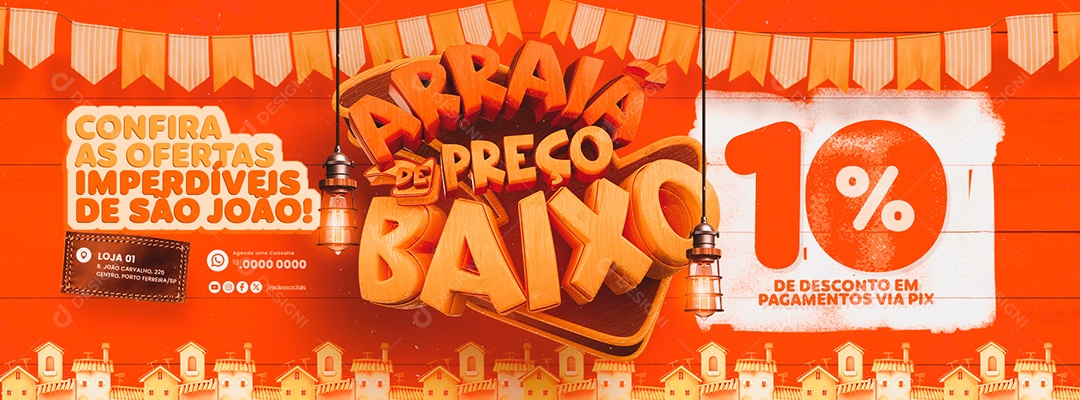 Supermercado Arraiá de Preço Baixo Web Banner 10% de Desconto Social Media PSD Editável