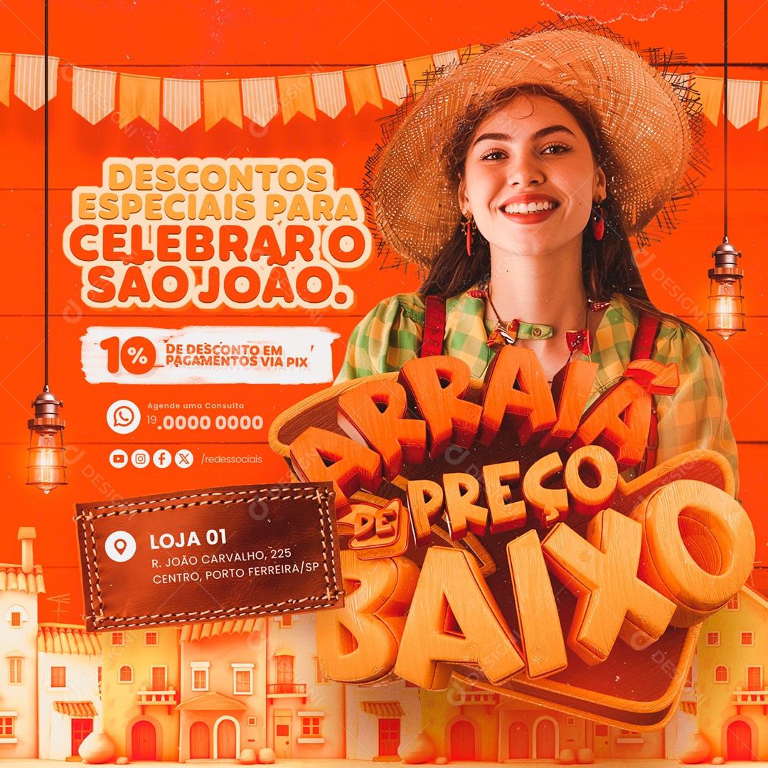 Supermercado Arraiá de Preço Baixo Descontos Especiais Social Media PSD Editável