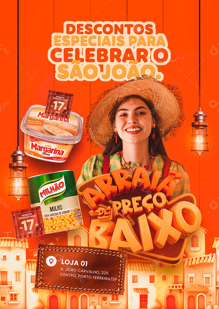 Supermercado Arraiá de Preço Baixo Descontos Especiais Social Media PSD Editável