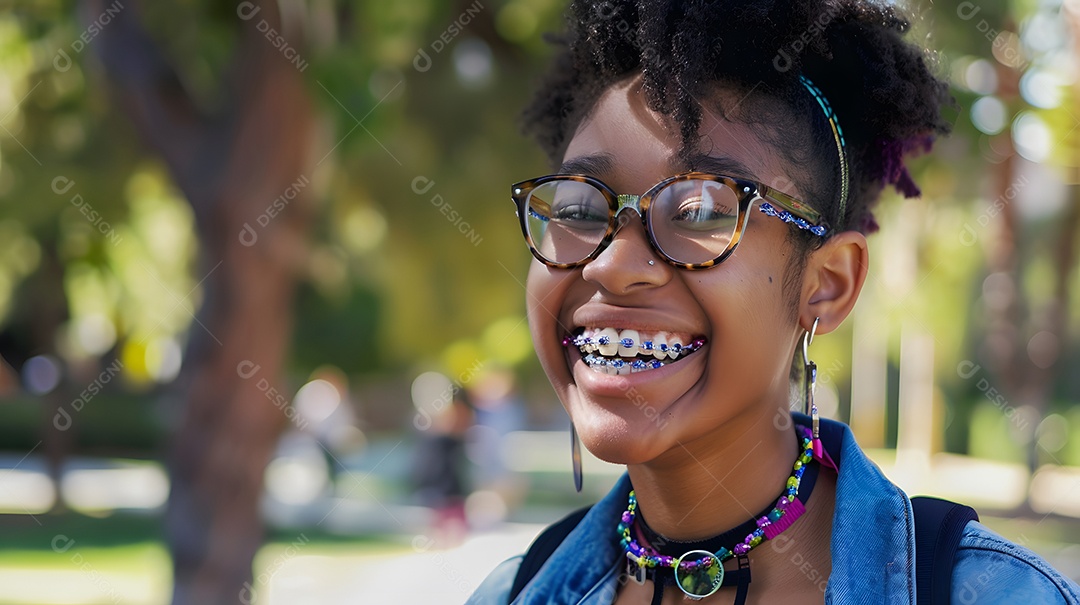 Jovem afro americana com aparelho colorido e óculos sorrindo alegremente