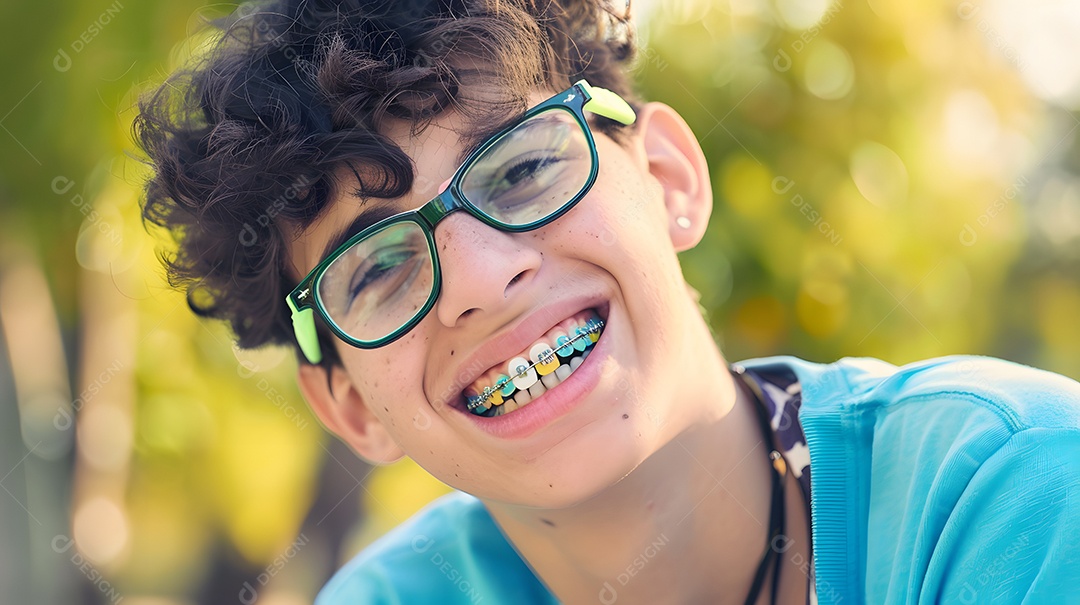Adolescente sorridente com aparelho colorido e óculos aproveitando um dia ensolarado