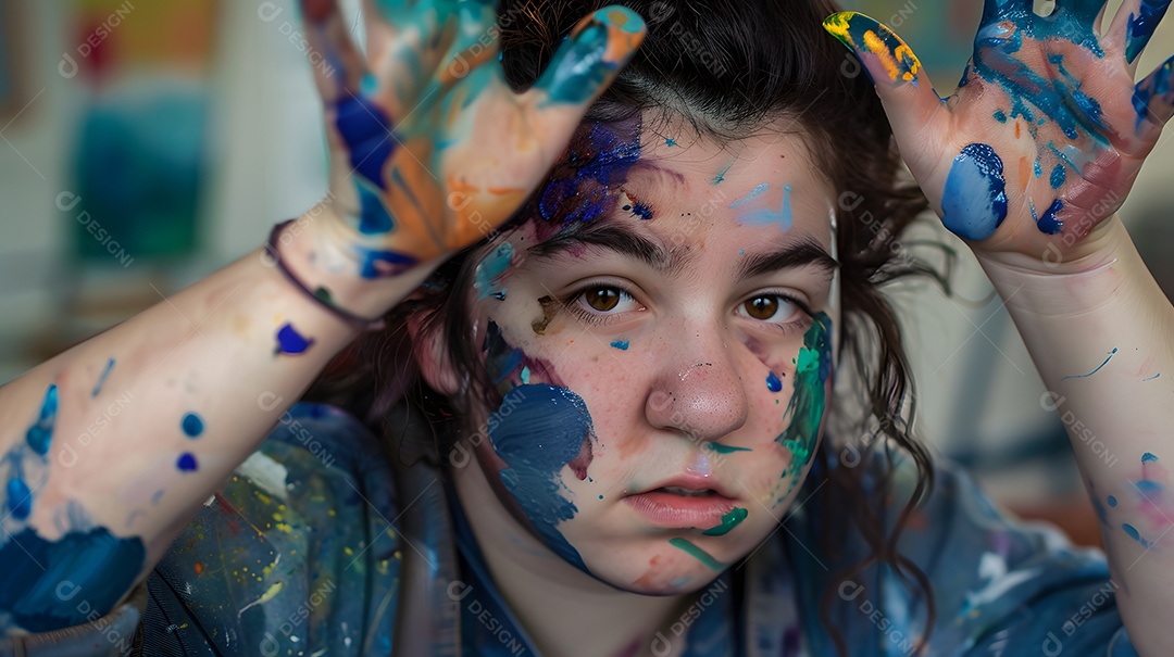 Uma criança com cabelos bagunçados exibe as mãos cobertas de tintas de diversas cores