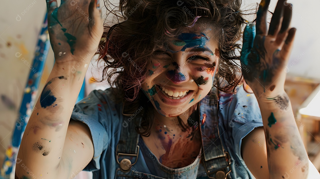 Jovem alegre desfrutando de uma divertida sessão de pintura