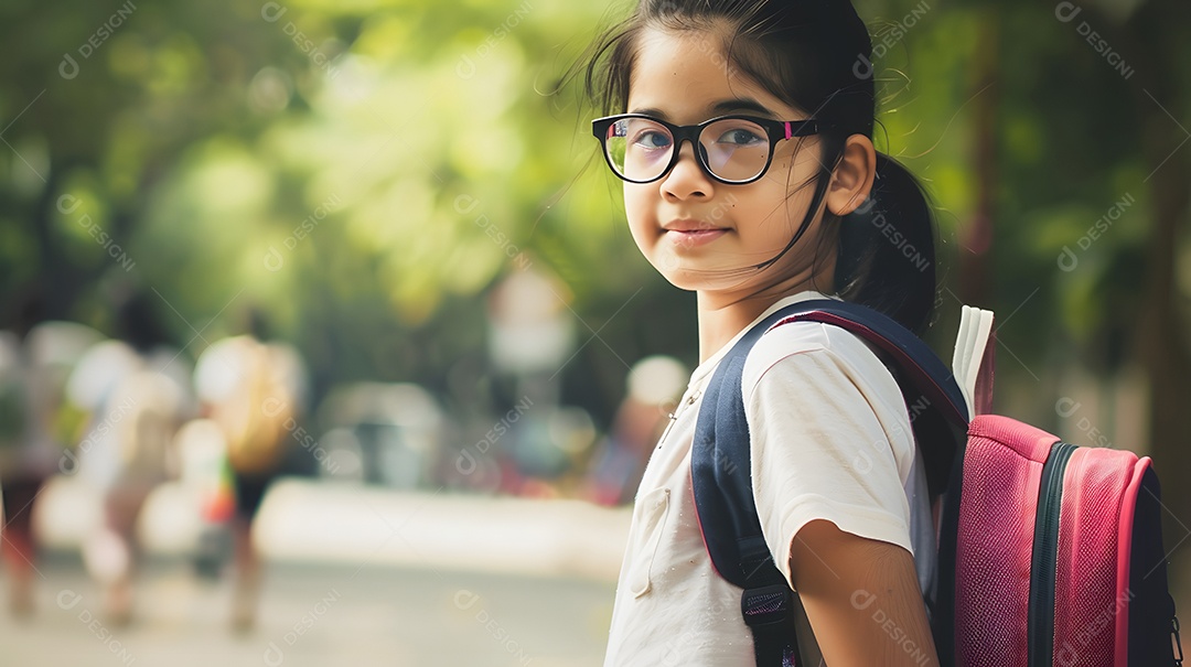 Um jovem estudante de óculos e mochila