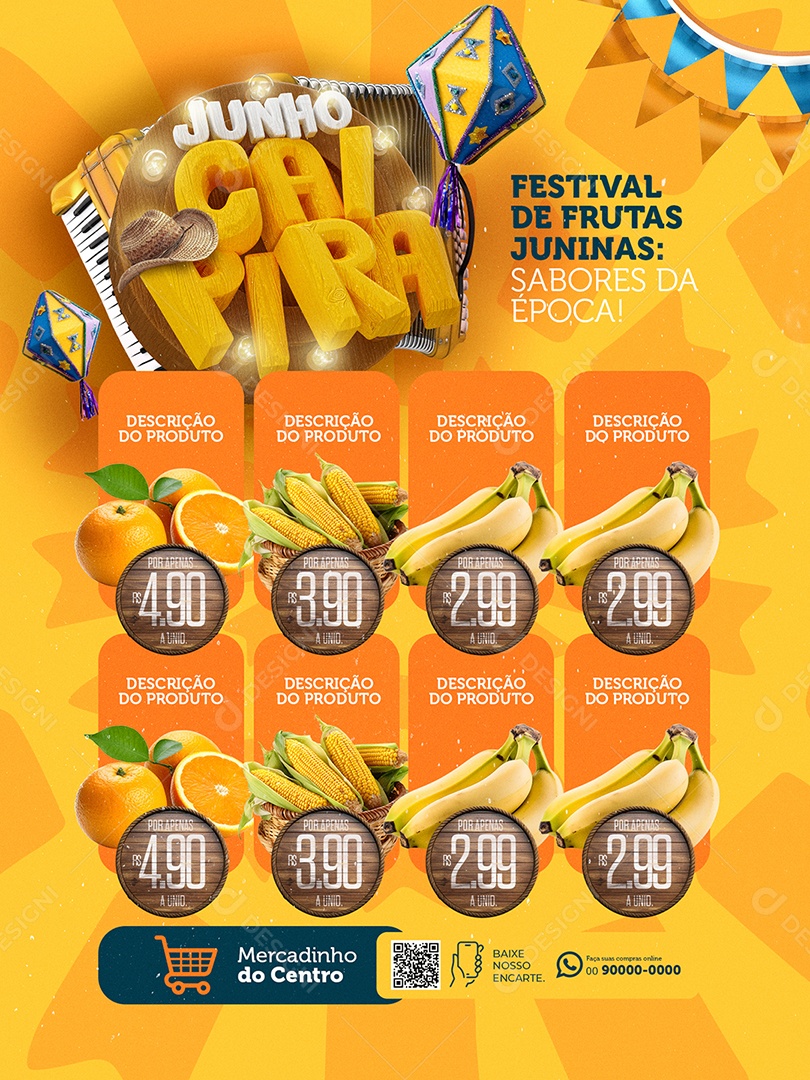 Junho Caipira Supermercado Encarte Milho Verde Laranja Banana Social Media PSD Editável