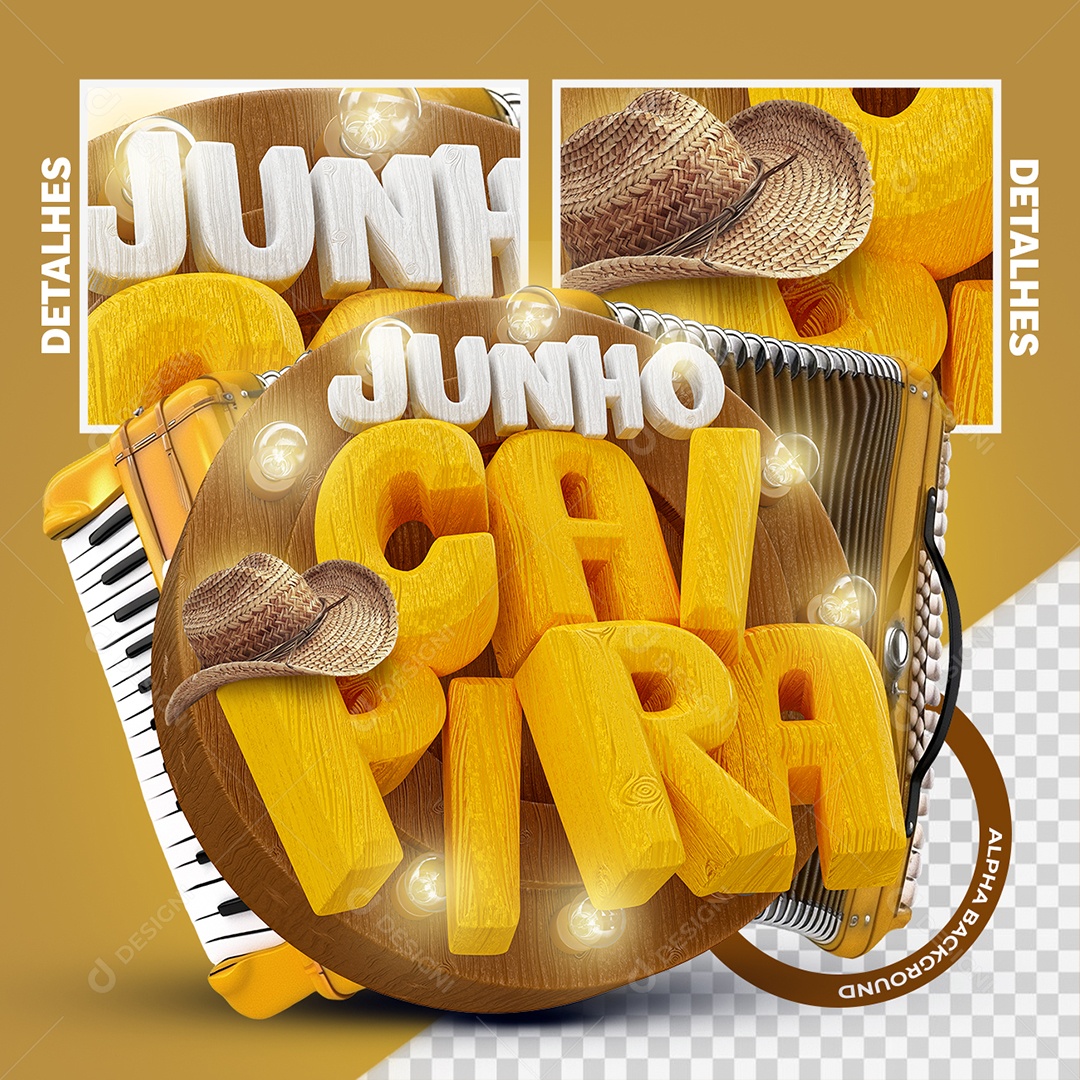 Junho Caipira Selo 3D Branco e Amarelo para Composição PSD