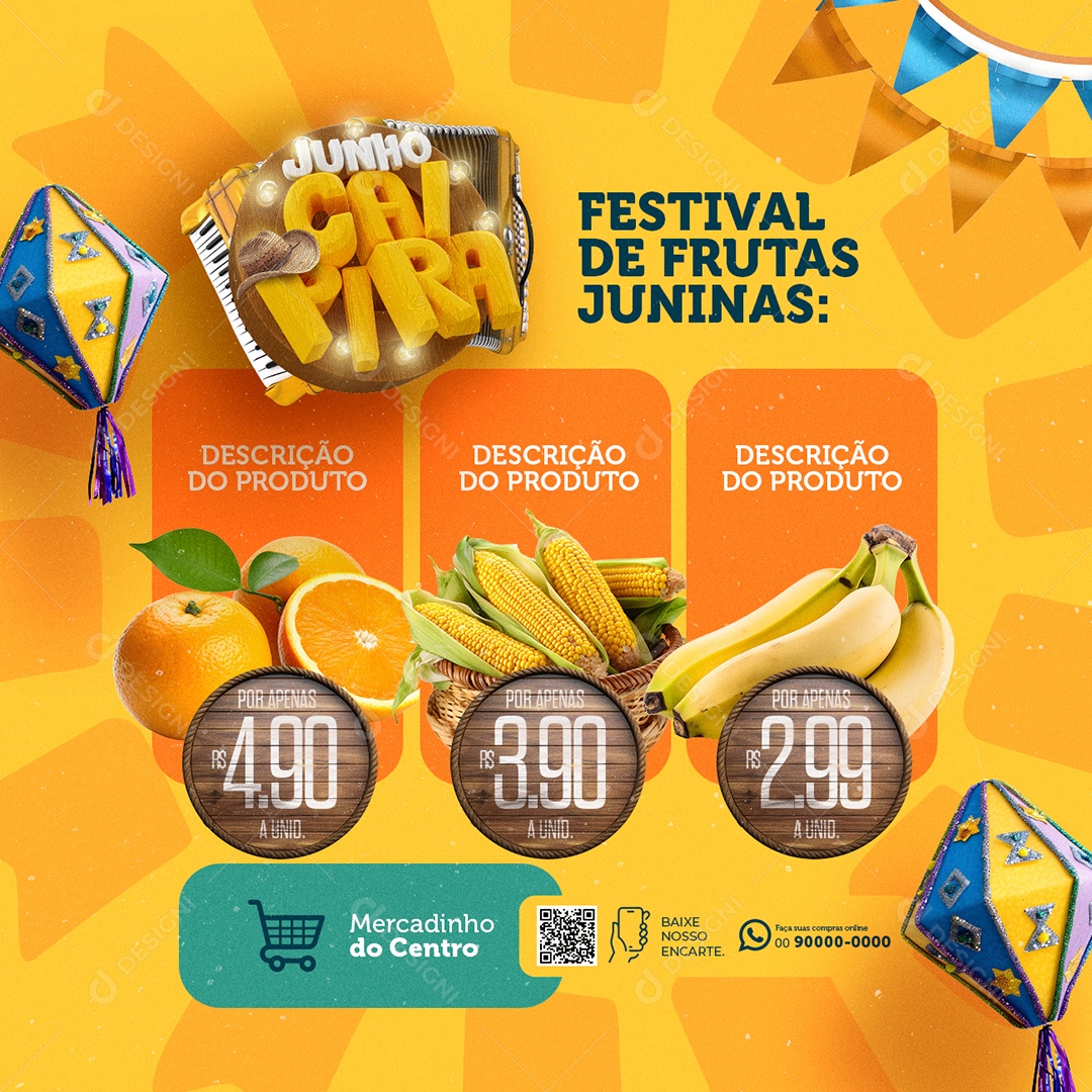 Junho Caipira Supermercado Festival de Frutas Juninas Social Media PSD Editável