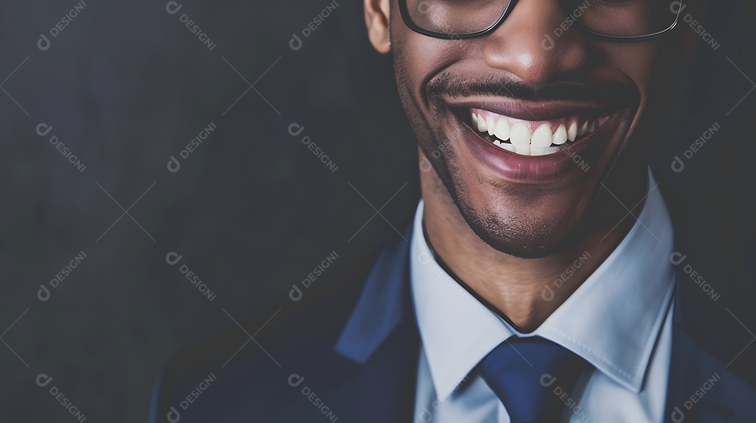 Close de um homem afro americano sorridente usando óculos e terno