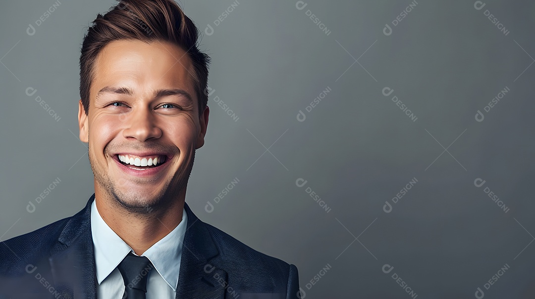 Jovem alegre de terno sorrindo brilhantemente contra um fundo cinza