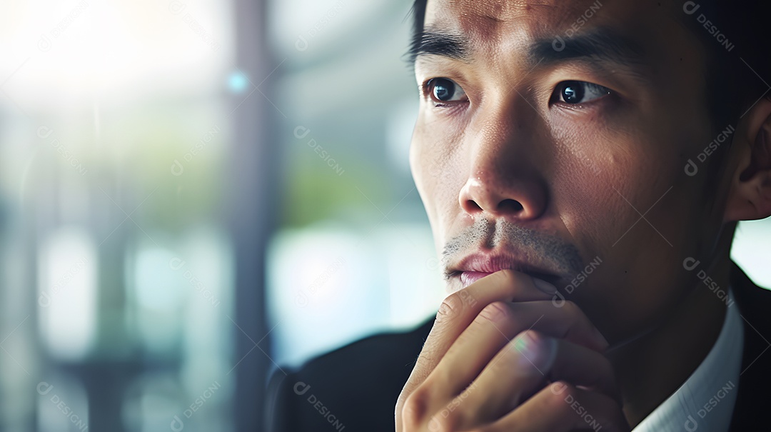 Um close de um empresário com uma expressão pensativa