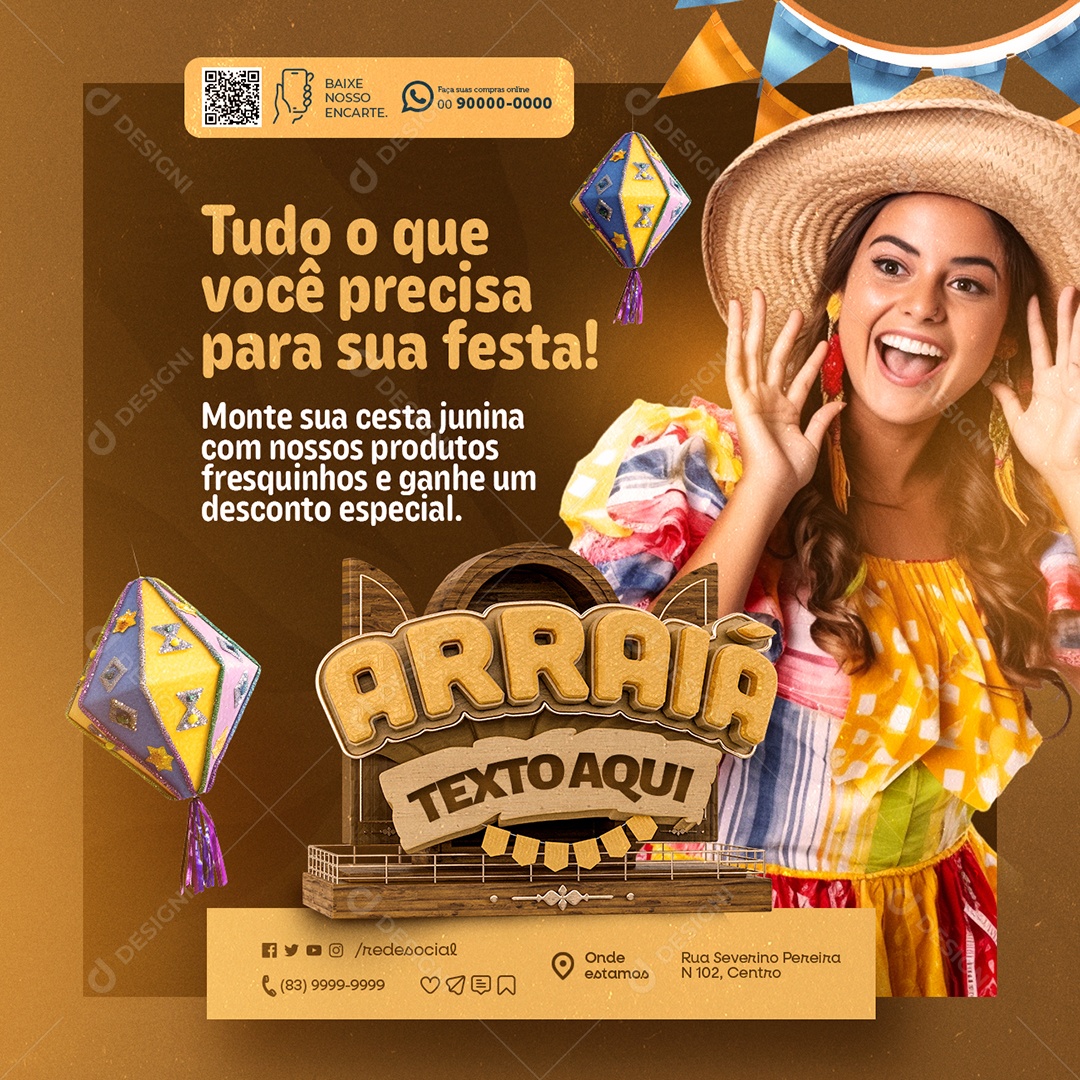 Supermercado Arraiá Monte sua Cesta Junina Social Media PSD Editável