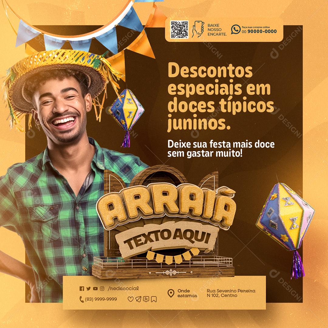 Supermercado Arraiá Descontos Especiais Social Media PSD Editável