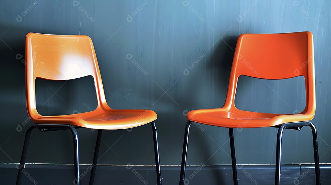 Duas cadeiras de plástico laranja brilhante ficam encostadas em uma parede azul escura