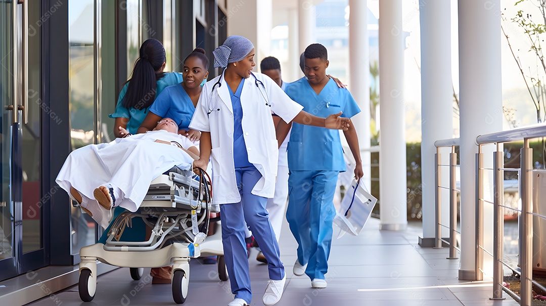 Uma equipe diversificada de profissionais médicos transporta com eficiência um paciente