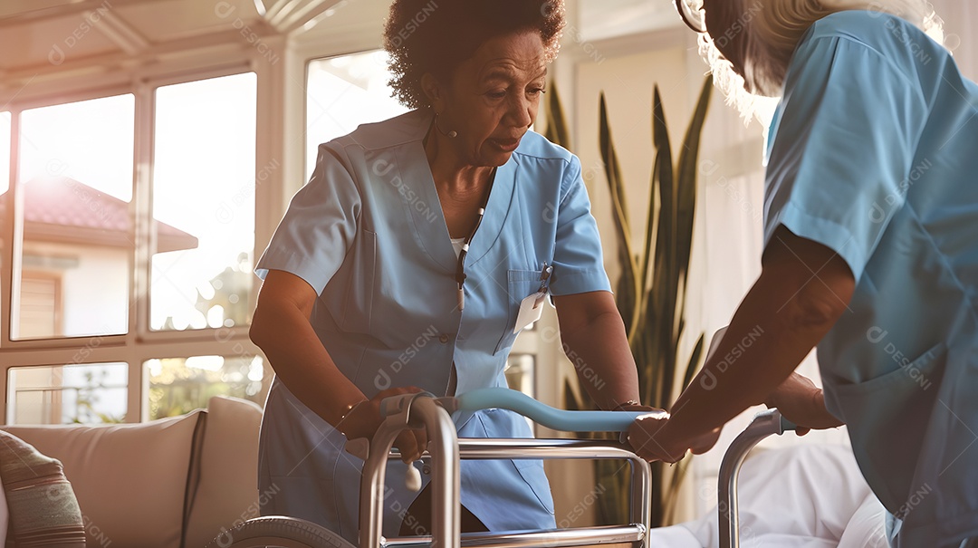 Assistente médico auxilia um paciente idoso usando um andador em uma unidade de saúde
