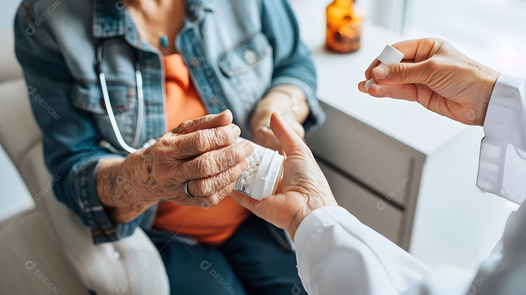 Profissional de saúde feminina auxiliando idosa no gerenciamento de medicamentos
