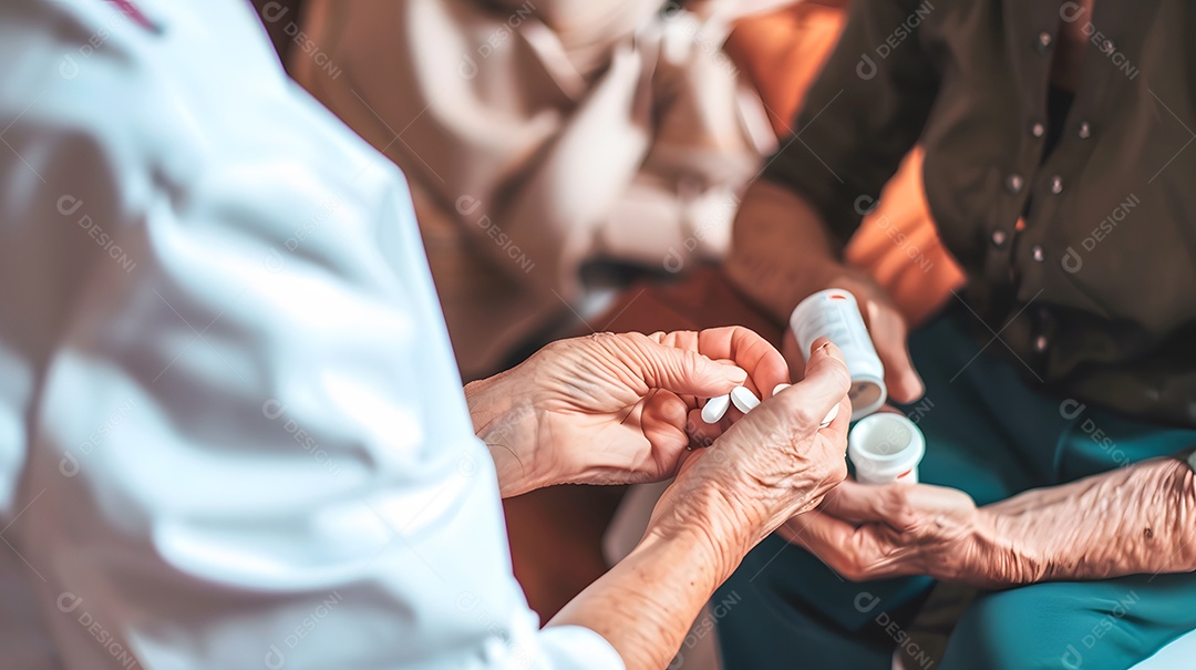 Profissional de saúde feminina auxiliando idosa no gerenciamento de medicamentos