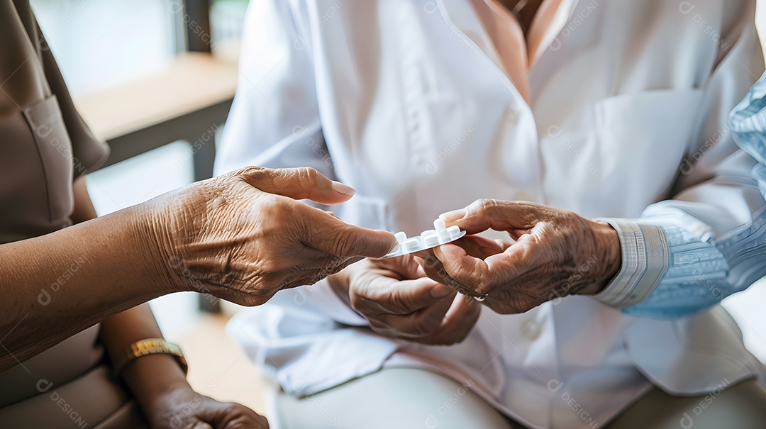 Um profissional de saúde atende um paciente idoso entregando medicamentos