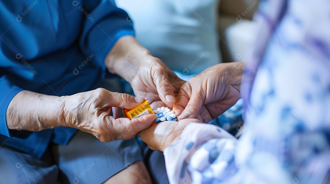 Idosa recebendo medicação de um cuidador em casa
