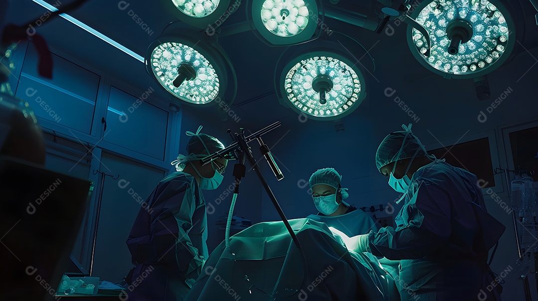 Equipe médica realiza cirurgia em uma sala de cirurgia sob luzes cirúrgicas