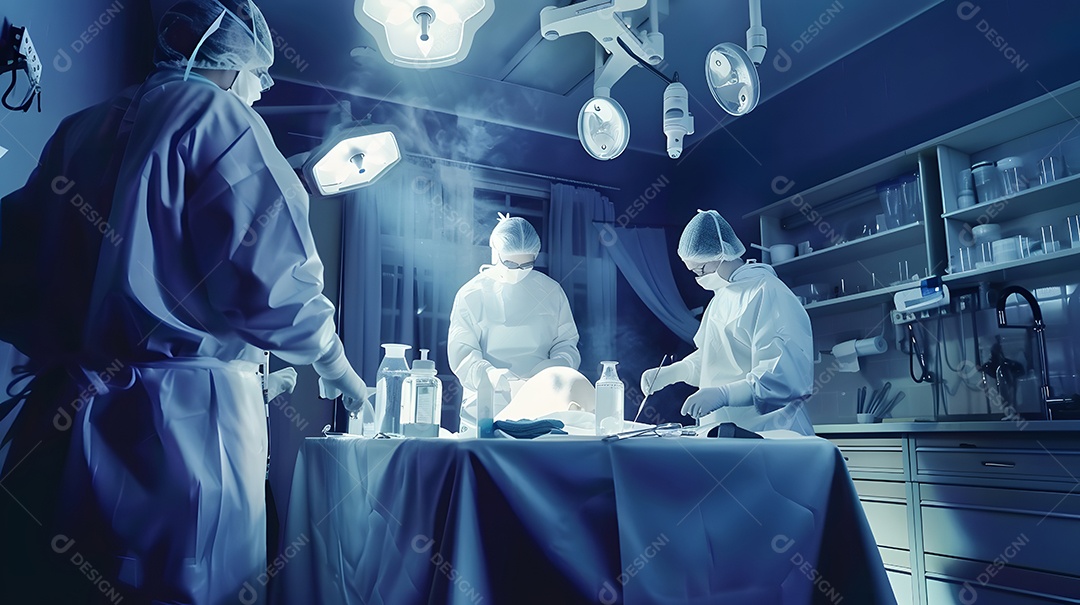 Equipe de cirurgiões realizando uma operação complexa em uma sala cirúrgica estéril