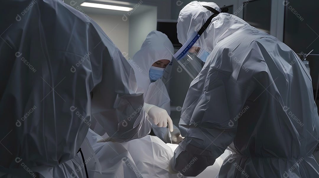 Profissionais médicos em trajes de proteção completos realizando cirurgias