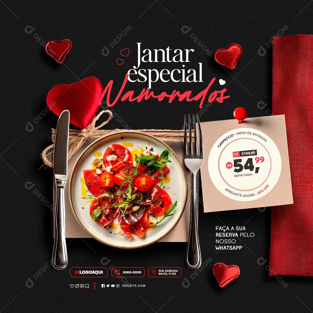 Restaurante Dia dos Namorados Jantar Especial Serve Casal Social Media PSD Editável