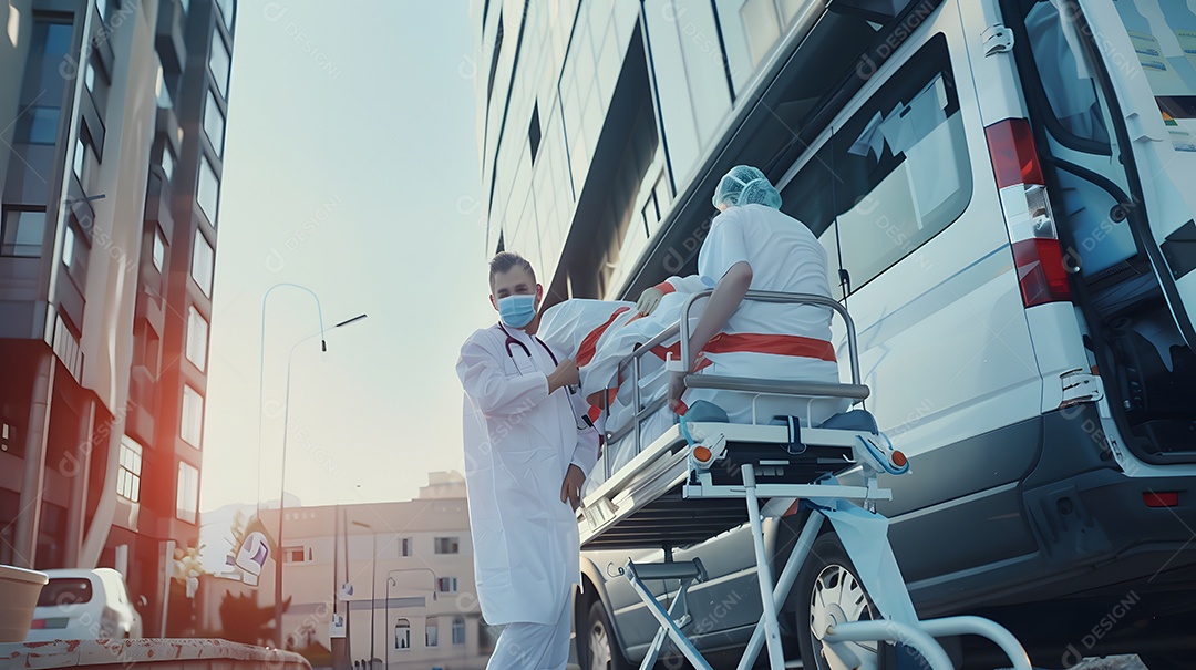 Equipe médica transportando um paciente em uma maca para uma ambulância