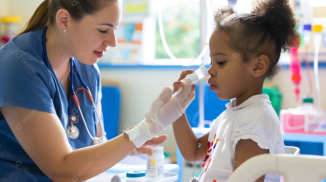 Uma enfermeira auxilia uma jovem com um inalador médico em um quarto de hospital