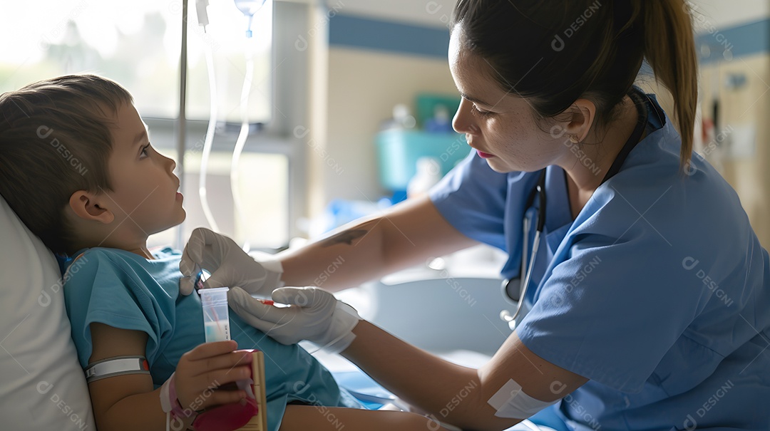 Enfermeira de uniforme administrando medicamentos a um menino em um ambiente hospitalar