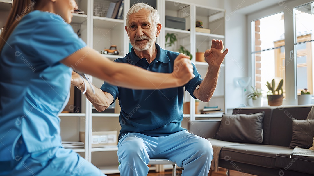 Uma enfermeira auxilia um idoso com exercícios de fisioterapia em um ambiente familiar