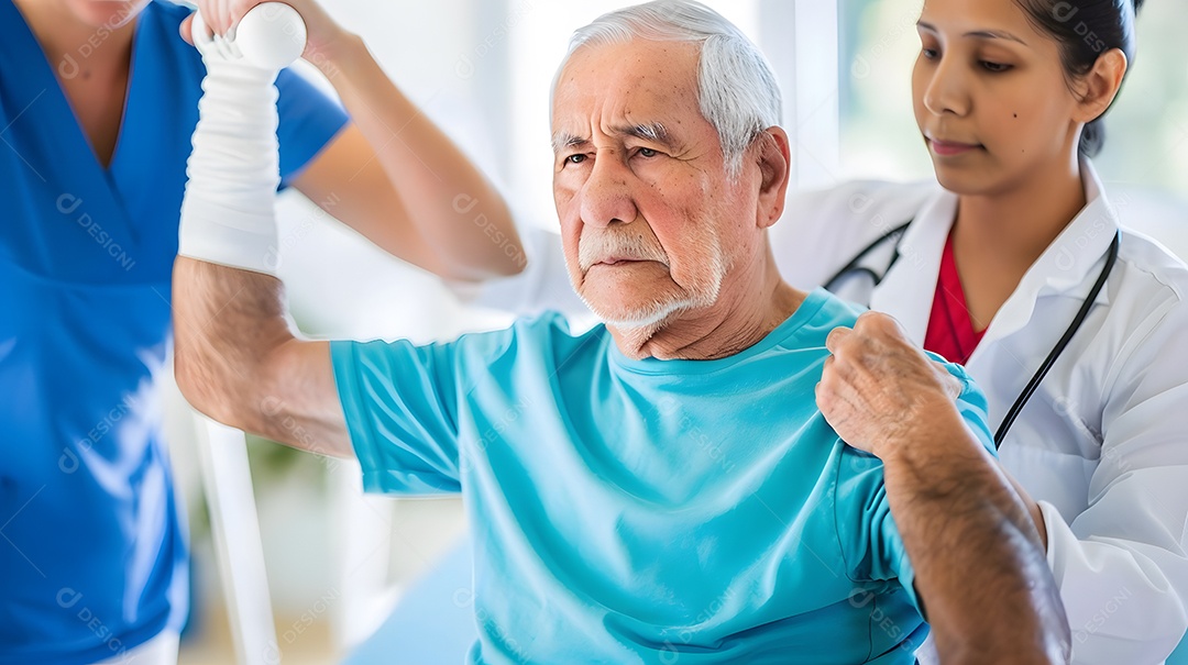 Uma enfermeira dedicada auxilia um idoso com exercícios de fisioterapia