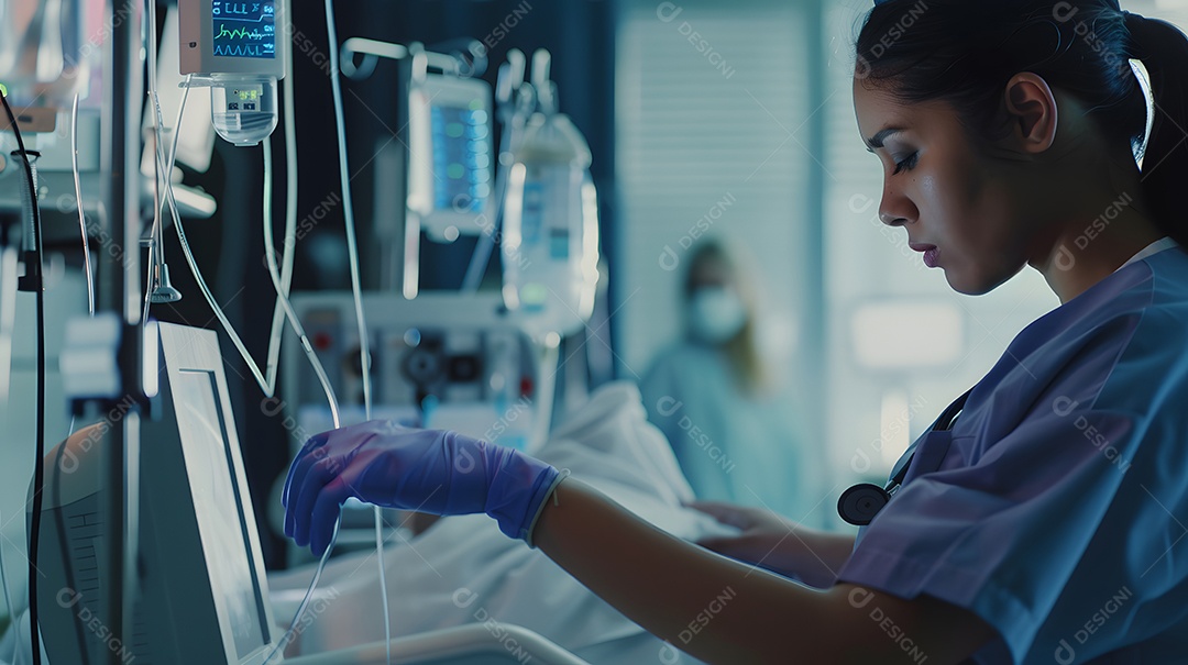 Enfermeira na UTI verificando os sinais vitais do paciente em equipamentos médicos
