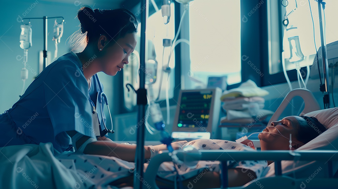 Enfermeira na UTI verificando cuidadosamente os sinais vitais de um paciente inconsciente