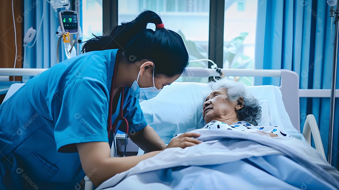 Uma enfermeira asiática compassiva conforta um paciente idoso numa cama de hospital