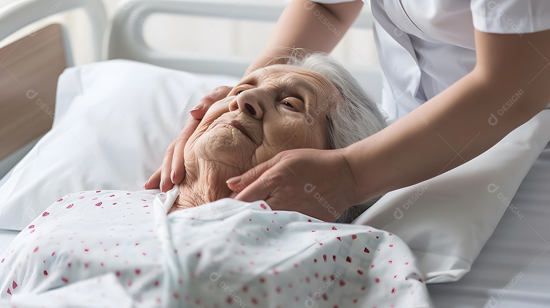 Enfermeira cuidando de idosa internada em hospital