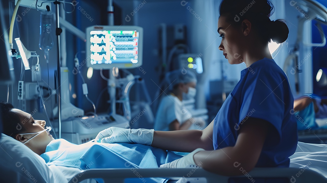 Enfermeira com equipamento de proteção monitora os sinais vitais de um paciente da UTI