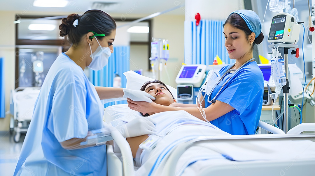 Enfermeiras em um quarto de hospital atendendo um paciente