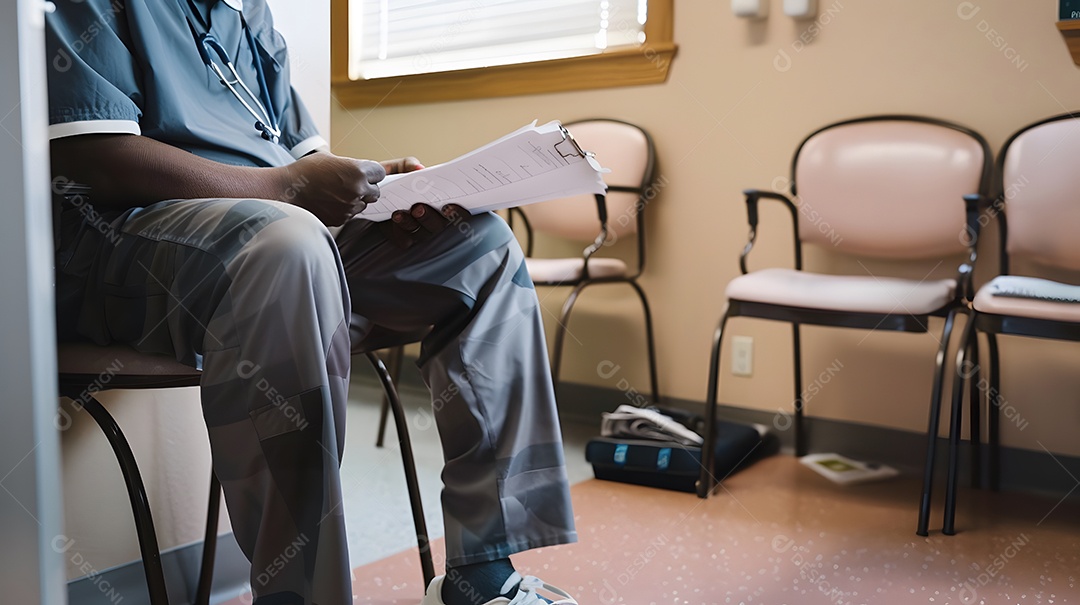 Profissional de saúde revisando a documentação do paciente em uma área de espera
