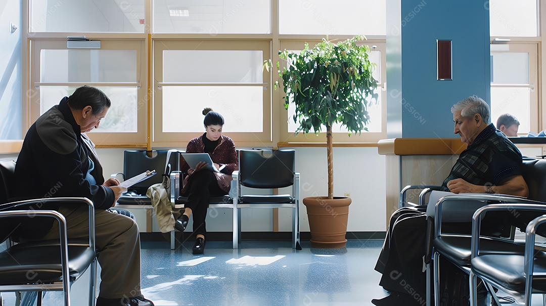Pacientes sentados em uma área de espera preenchendo papéis