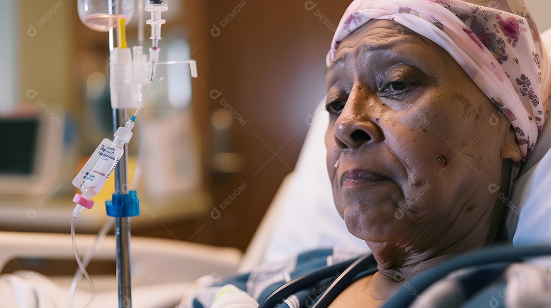 Idosa em tratamento quimioterápico refletindo momento sombrio durante tratamento