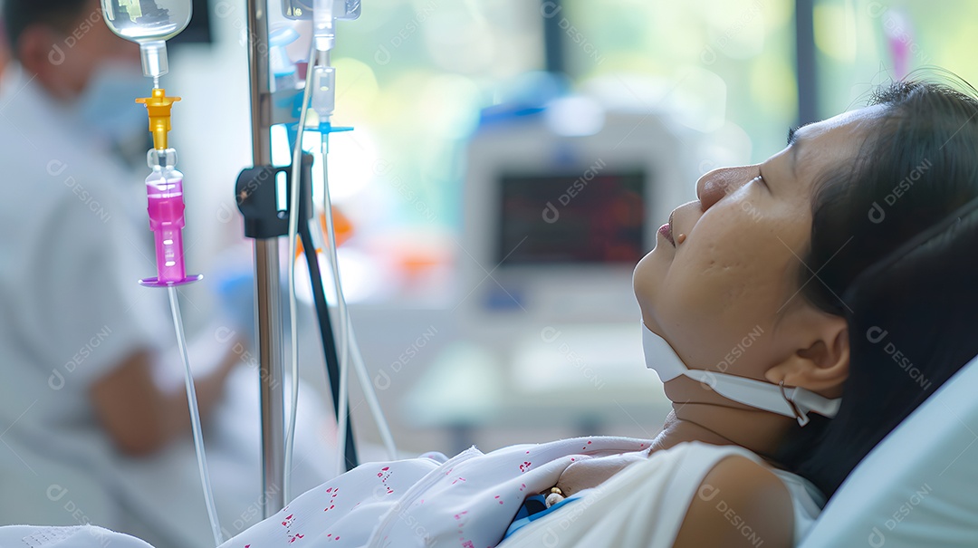Mulher asiática recebendo tratamento de quimioterapia em um hospital