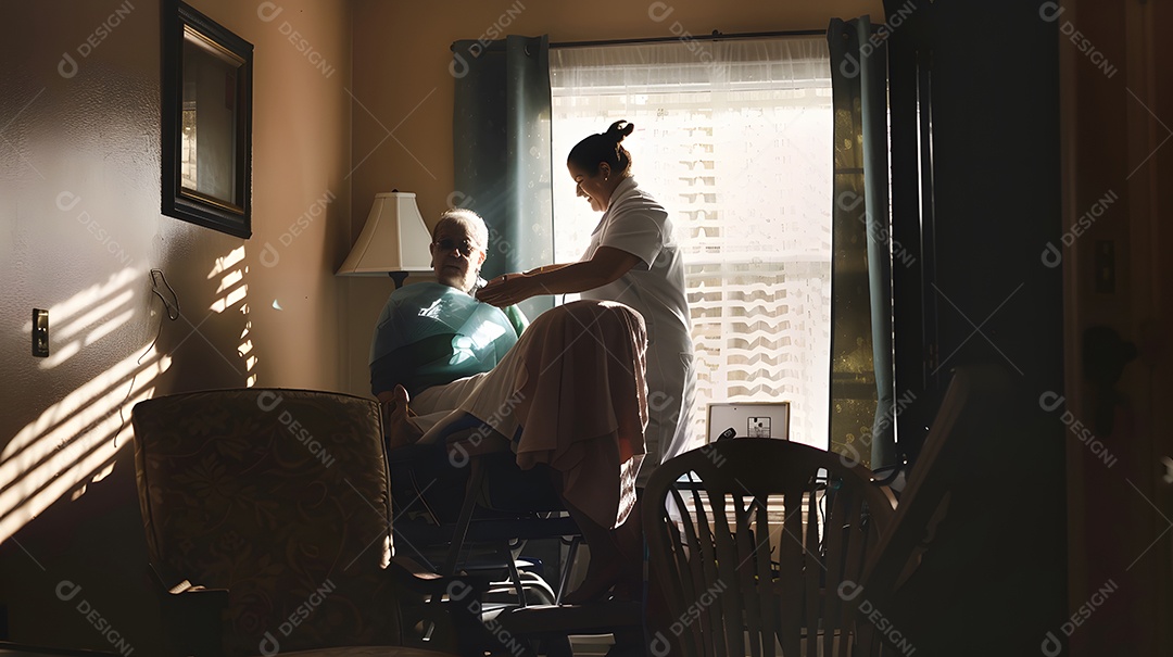 ma enfermeira presta assistência domiciliar a um paciente idoso em uma sala
