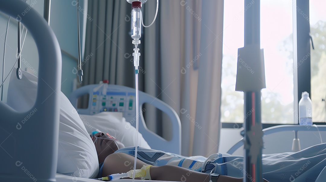 Paciente deitado em uma cama de hospital com soro intravenoso