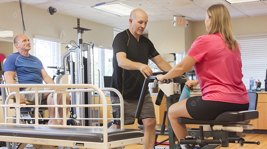 Homem e mulher de meia idade fazendo fisioterapia em uma clínica com assistência