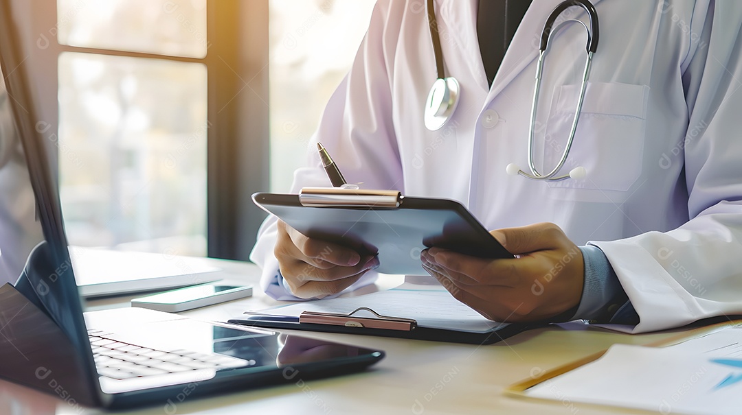 Um médico usa um tablet digital e um laptop para uma consulta médica