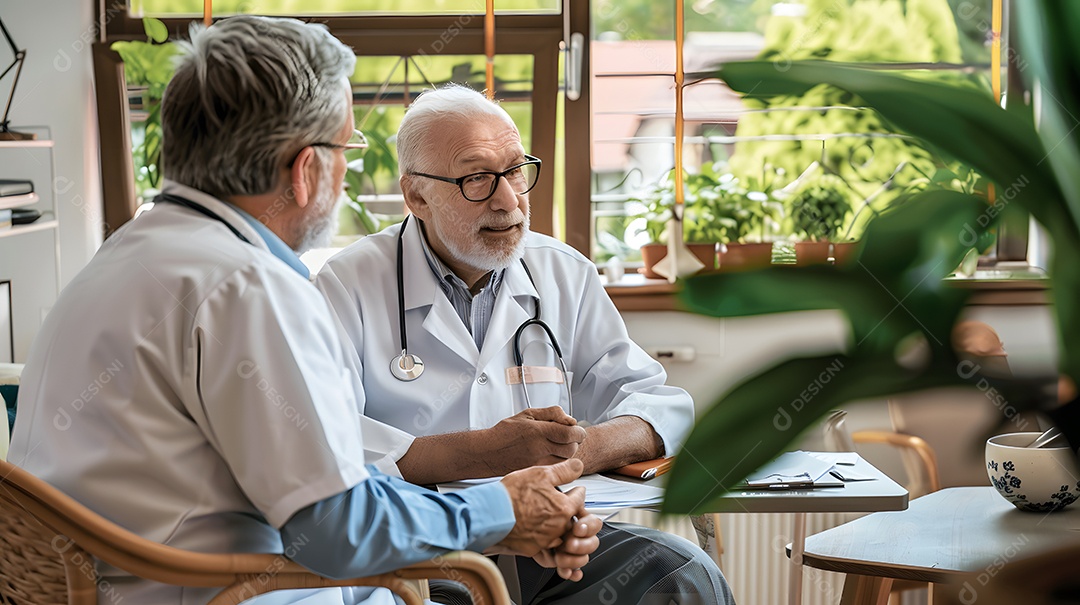 Dois médicos idosos discutindo opções de tratamento de pacientes em um consultório