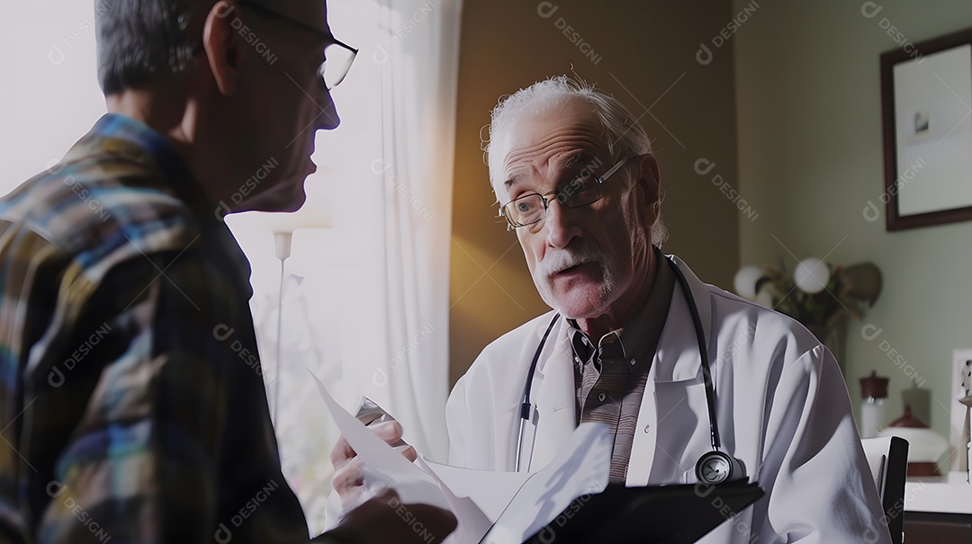 Médico idoso discutindo opções de tratamento com um paciente idoso do sexo masculino
