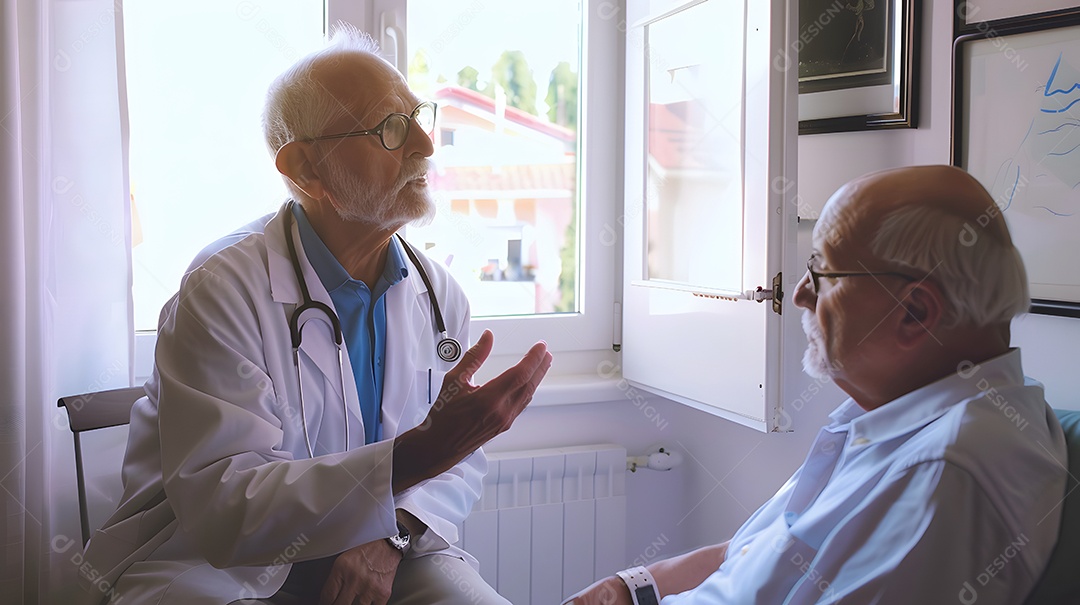 Médico senhor discutindo opções de tratamento com paciente idoso em um consultório