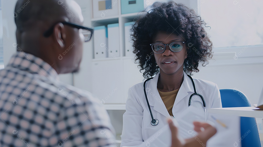 Médica com cabelo natural explicando os resultados dos testes a um paciente